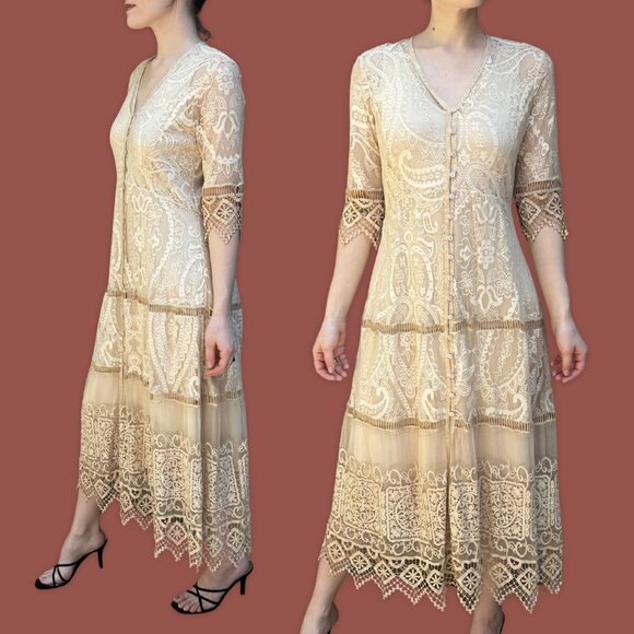 Reba Midi Dress V-Neck Button Down Ecru Antique Style Lace Elbow Sleeve Size M - Picture 1 of 6